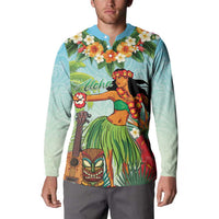 Hawaii Lei Day Button Sweatshirt Hula Girl With Tropical Forest