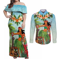 Hawaii Lei Day Couples Matching Off Shoulder Maxi Dress and Long Sleeve Button Shirt Hula Girl With Tropical Forest