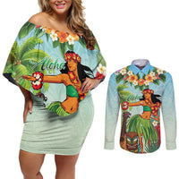 Hawaii Lei Day Couples Matching Off Shoulder Short Dress and Long Sleeve Button Shirt Hula Girl With Tropical Forest