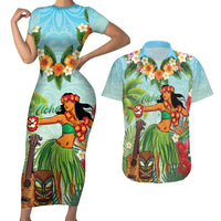 Hawaii Lei Day Couples Matching Short Sleeve Bodycon Dress and Hawaiian Shirt Hula Girl With Tropical Forest