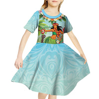 Hawaii Lei Day Kid Short Sleeve Dress Hula Girl With Tropical Forest