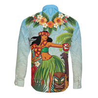 Hawaii Lei Day Long Sleeve Button Shirt Hula Girl With Tropical Forest