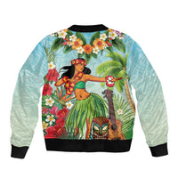 Hawaii Lei Day Sleeve Zip Bomber Jacket Hula Girl With Tropical Forest