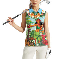 Hawaii Lei Day Women Sleeveless Polo Shirt Hula Girl With Tropical Forest