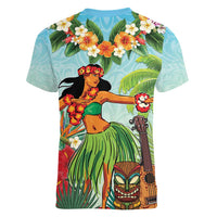 Hawaii Lei Day Women V-Neck T-Shirt Hula Girl With Tropical Forest