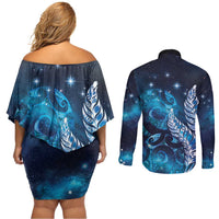 New Zealand Matariki Couples Matching Off Shoulder Short Dress and Long Sleeve Button Shirt Maori Koru Mix Silver Fern