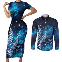 New Zealand Matariki Couples Matching Short Sleeve Bodycon Dress and Long Sleeve Button Shirt Maori Koru Mix Silver Fern
