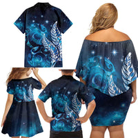 New Zealand Matariki Family Matching Off Shoulder Short Dress and Hawaiian Shirt Maori Koru Mix Silver Fern