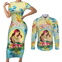 Personalised Hawaii Mother's Day Couples Matching Short Sleeve Bodycon Dress and Long Sleeve Button Shirt I Love You Mom DT04 Yellow - Polynesian Pride