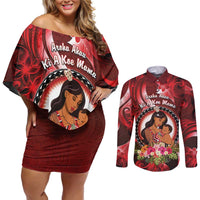 Personalised New Zealand Mother's Day Couples Matching Off Shoulder Short Dress and Long Sleeve Button Shirt I Love You Mom DT04 Red - Polynesian Pride