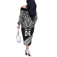 Custom New Zealand Rugby Off The Shoulder Long Sleeve Dress Silver Fern Maori Pattern
