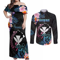 Personalised Hawaii Couples Matching Off Shoulder Maxi Dress and Long Sleeve Button Shirt Kanaka Maoli With Fish Hook