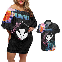 Personalised Hawaii Couples Matching Off Shoulder Short Dress and Hawaiian Shirt Kanaka Maoli With Fish Hook