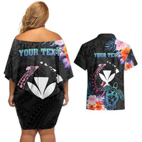 Personalised Hawaii Couples Matching Off Shoulder Short Dress and Hawaiian Shirt Kanaka Maoli With Fish Hook