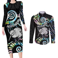 New Zealand Kiwi Bird Couples Matching Long Sleeve Bodycon Dress and Long Sleeve Button Shirt Silver Fern Koru Paua Shell