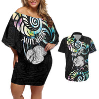 New Zealand Kiwi Bird Couples Matching Off Shoulder Short Dress and Hawaiian Shirt Silver Fern Koru Paua Shell