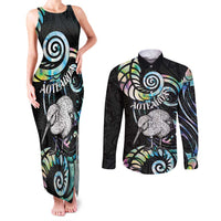 New Zealand Kiwi Bird Couples Matching Tank Maxi Dress and Long Sleeve Button Shirt Silver Fern Koru Paua Shell