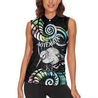 New Zealand Kiwi Bird Women Sleeveless Polo Shirt Silver Fern Koru Paua Shell