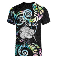 New Zealand Kiwi Bird Women V-Neck T-Shirt Silver Fern Koru Paua Shell