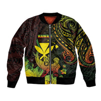 Personalised Hawaii Sleeve Zip Bomber Jacket Kanaka Maoli With Hammerhead Shark