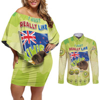 New Zealand Kiwi Couples Matching Off Shoulder Short Dress and Long Sleeve Button Shirt I Just Really Like Kiwis