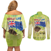New Zealand Kiwi Couples Matching Off Shoulder Short Dress and Long Sleeve Button Shirt I Just Really Like Kiwis