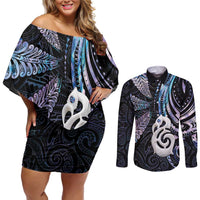 New Zealand Aotearoa Couples Matching Off Shoulder Short Dress and Long Sleeve Button Shirt Maori Hei Manaia Purple Paua Shell DT04 Purple - Polynesian Pride