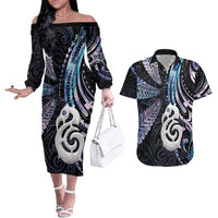 New Zealand Aotearoa Couples Matching Off The Shoulder Long Sleeve Dress and Hawaiian Shirt Maori Hei Manaia Purple Paua Shell DT04 Purple - Polynesian Pride