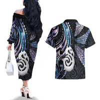 New Zealand Aotearoa Couples Matching Off The Shoulder Long Sleeve Dress and Hawaiian Shirt Maori Hei Manaia Purple Paua Shell DT04 - Polynesian Pride