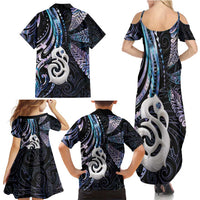 New Zealand Aotearoa Family Matching Summer Maxi Dress and Hawaiian Shirt Maori Hei Manaia Purple Paua Shell