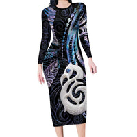 New Zealand Aotearoa Long Sleeve Bodycon Dress Maori Hei Manaia Purple Paua Shell DT04 Long Dress Purple - Polynesian Pride