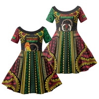 Vanuatu Language Week Family Matching Off Shoulder Short Dress and Hawaiian Shirt Boar Tusk Warrior Tribal Floral Pattern DT05 Daughter's Dress Black - Polynesian Pride