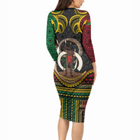 Vanuatu Language Week Long Sleeve Bodycon Dress Boar Tusk Warrior Tribal Floral Pattern DT05 - Polynesian Pride