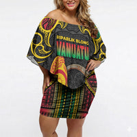 Vanuatu Language Week Off Shoulder Short Dress Boar Tusk Warrior Tribal Floral Pattern DT05 Women Black - Polynesian Pride
