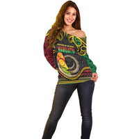Vanuatu Language Week Off Shoulder Sweater Boar Tusk Warrior Tribal Floral Pattern