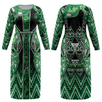 Aotearoa Ngati Maniapoto Couples Matching Long Sleeve Bodycon Dress and Long Sleeve Button Shirt Maori Tribal Green Paua Shell Pattern DT05 - Polynesian Pride