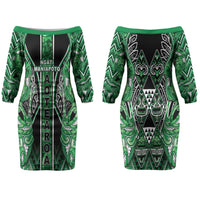 Aotearoa Ngati Maniapoto Couples Matching Off The Shoulder Long Sleeve Dress and Long Sleeve Button Shirt Maori Tribal Green Paua Shell Pattern DT05 - Polynesian Pride