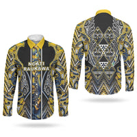 Aotearoa Ngati Raukawa Couples Matching Mermaid Dress and Long Sleeve Button Shirt Maori Tribal Yellow And Navy Paua Shell Pattern DT05 - Polynesian Pride