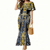 Aotearoa Ngati Raukawa Mermaid Dress Maori Tribal Yellow And Navy Paua Shell Pattern DT05 Women Yellow - Polynesian Pride