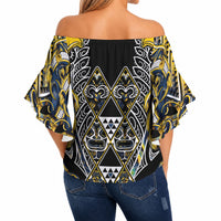 Aotearoa Ngati Raukawa Off Shoulder Wrap Waist Top Maori Tribal Yellow And Navy Paua Shell Pattern DT05 - Polynesian Pride