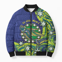 Cook Islands Language Week Bomber Puffer Jacket Flying Fish 15 Stars Tribal Patterns