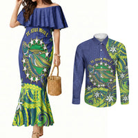 Cook Islands Language Week Couples Matching Mermaid Dress and Long Sleeve Button Shirt Flying Fish 15 Stars Tribal Patterns