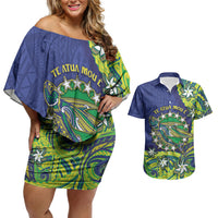 Cook Islands Language Week Couples Matching Off Shoulder Short Dress and Hawaiian Shirt Flying Fish 15 Stars Tribal Patterns