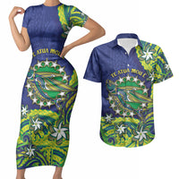 Cook Islands Language Week Couples Matching Short Sleeve Bodycon Dress and Hawaiian Shirt Flying Fish 15 Stars Tribal Patterns DT05 Green - Polynesian Pride
