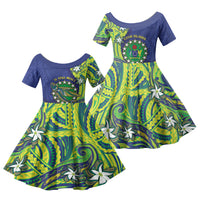 Cook Islands Language Week Family Matching Off Shoulder Short Dress and Hawaiian Shirt Flying Fish 15 Stars Tribal Patterns DT05 Daughter's Dress Green - Polynesian Pride