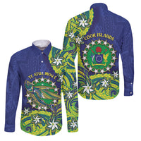 Cook Islands Language Week Family Matching Summer Maxi Dress and Hawaiian Shirt Flying Fish 15 Stars Tribal Patterns DT05 Dad's Shirt - Long Sleeve Green - Polynesian Pride