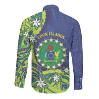 Cook Islands Language Week Long Sleeve Button Shirt Flying Fish 15 Stars Tribal Patterns
