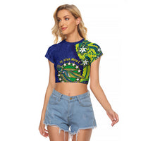 Cook Islands Language Week Raglan Cropped T Shirt Flying Fish 15 Stars Tribal Patterns