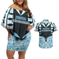 Custom Aotearoa Ngati Kahungunu Couples Matching Off Shoulder Short Dress and Hawaiian Shirt New Zealand Traditional Maori Pattern