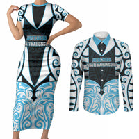 Custom Aotearoa Ngati Kahungunu Couples Matching Short Sleeve Bodycon Dress and Long Sleeve Button Shirt New Zealand Traditional Maori Pattern DT05 Blue - Polynesian Pride